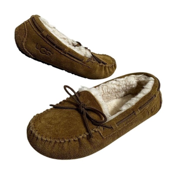 UGG Women's Loafer Cognac Suede Leather Shearling Slip On Moccasins Size 5 - Picture 1 of 6